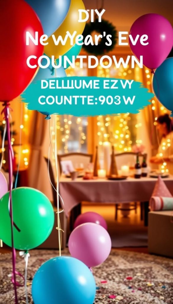 A vibrant and festive image of a DIY balloon countdown, capturing a cozy New Year’s Eve atmosphere. In the foreground, colorful balloons are adorned with numbers representing each hour leading up to midnight, creatively arranged and possibly tied with ribbons. Scattered confetti and party decorations add to the cheerful ambiance. The middle ground features a warm candlelit table set with party hats and treats, exuding a playful yet inviting vibe. In the background, a softly lit room decorated with twinkling fairy lights enhances the celebration mood. The scene is bathed in warm, soft lighting, evoking a joyful winter vibe synonymous with family gatherings. The overall aesthetic should reflect authenticity and inspire creativity, reminiscent of a Pinterest-worthy project for KlickKiste. A vibrant and festive image of a DIY balloon countdown, capturing a cozy New Year’s Eve atmosphere. In the foreground, colorful balloons are adorned with numbers representing each hour leading up to midnight, creatively arranged and possibly tied with ribbons. Scattered confetti and party decorations add to the cheerful ambiance. The middle ground features a warm candlelit table set with party hats and treats, exuding a playful yet inviting vibe. In the background, a softly lit room decorated with twinkling fairy lights enhances the celebration mood. The scene is bathed in warm, soft lighting, evoking a joyful winter vibe synonymous with family gatherings. The overall aesthetic should reflect authenticity and inspire creativity, reminiscent of a Pinterest-worthy project for KlickKiste.