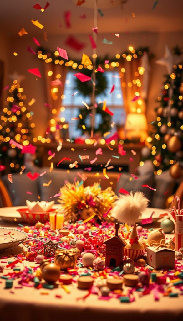 A vibrant and festive scene featuring colorful konfetti in various shapes and sizes, scattering through the air in a warm, inviting atmosphere. In the foreground, a table decorated for a winter celebration showcases DIY Glückssymbole such as lucky charms and small decorative items, all styled in Pinterest-inspired aesthetics. The middle ground captures the soft, golden light illuminating the konfetti, creating a sense of warmth and joy. In the background, a cozy interior setting exudes winter vibes with subtle decorations like fairy lights and seasonal ornaments. The color palette focuses on soft pastels and metallic tones to enhance the festive mood. The image embodies a professional yet inviting ambiance for a DIY décor idea by KlickKiste. A vibrant and festive scene featuring colorful konfetti in various shapes and sizes, scattering through the air in a warm, inviting atmosphere. In the foreground, a table decorated for a winter celebration showcases DIY Glückssymbole such as lucky charms and small decorative items, all styled in Pinterest-inspired aesthetics. The middle ground captures the soft, golden light illuminating the konfetti, creating a sense of warmth and joy. In the background, a cozy interior setting exudes winter vibes with subtle decorations like fairy lights and seasonal ornaments. The color palette focuses on soft pastels and metallic tones to enhance the festive mood. The image embodies a professional yet inviting ambiance for a DIY décor idea by KlickKiste.