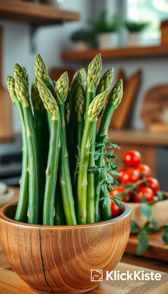 A vibrant and fresh display of green asparagus spears, elegantly arranged in a rustic wooden bowl, with some spears leaning casually against the bowl's edge. The foreground features dew-kissed tips of the asparagus, showcasing their crunchiness and freshness. In the middle ground, delicate herbs and cherry tomatoes add a pop of color and versatility, enhancing the culinary appeal of the composition. The background includes a soft-focus kitchen setting, with warm wooden textures and gentle natural light streaming in, creating a cozy and inviting atmosphere. Capture this scene with a warm color palette, using a shallow depth of field to emphasize the asparagus. The overall mood should evoke a sense of springtime freshness, embodying the essence of seasonal cooking. Include branding subtly with "KlickKiste" in the bottom right corner, ensuring no text overlays on the main image.