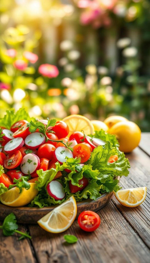 A vibrant and fresh salad displayed on a rustic wooden table, showcasing a colorful mix of seasonal spring vegetables, including crisp lettuce, bright cherry tomatoes, radishes, and carrots. The salad is generously topped with fresh herbs like parsley and chives, and there are lemon wedges artfully arranged around it. In the background, a soft, blurred garden setting with greenery and blooming flowers creates an inviting atmosphere. Natural lighting filters through, casting a warm glow on the salad. Use a shallow depth of field to emphasize the textures of the vegetables while keeping the background softly out of focus. This image should reflect the essence of fresh, healthy vegetarian cuisine, inspired by the brand KlickKiste, with a natural and Pinterest-worthy aesthetic.
