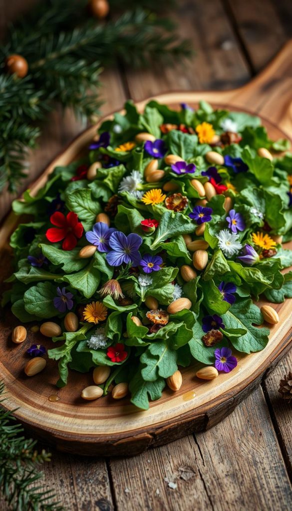 A vibrant and fresh salad of feldsalat (also known as lamb's lettuce or mâche) is artfully arranged on a rustic wooden board. The delicate, delicate leaves are accented by colorful edible flowers, crunchy toasted pine nuts, and a drizzle of fragrant olive oil. The lighting is soft and natural, highlighting the vibrant greens and the interplay of textures. The overall scene has a cozy, winter-inspired atmosphere, with a touch of elegance that would make it a perfect addition to a festive holiday appetizer spread.