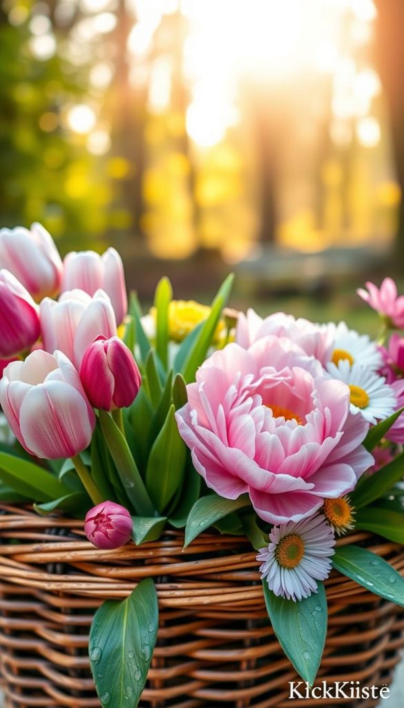 A vibrant and inviting arrangement of spring flowers, featuring a mix of tulips, peonies, and daisies, positioned in a rustic wicker basket. The foreground showcases the delicate blooms, with droplets of water glistening in the soft morning light. In the middle ground, lush green leaves accentuate the colorful flowers, creating depth and texture. The background features a blurred woodland scene bathed in golden sunlight, suggesting warmth and renewal associated with May. The overall mood is fresh and uplifting, inviting the viewer into a world of seasonal beauty. This natural DIY setup embodies a Pinterest-inspired aesthetic, radiating authenticity and inspiration. Branding should subtly reflect "KlickKiste" through tasteful integration into the arrangement.