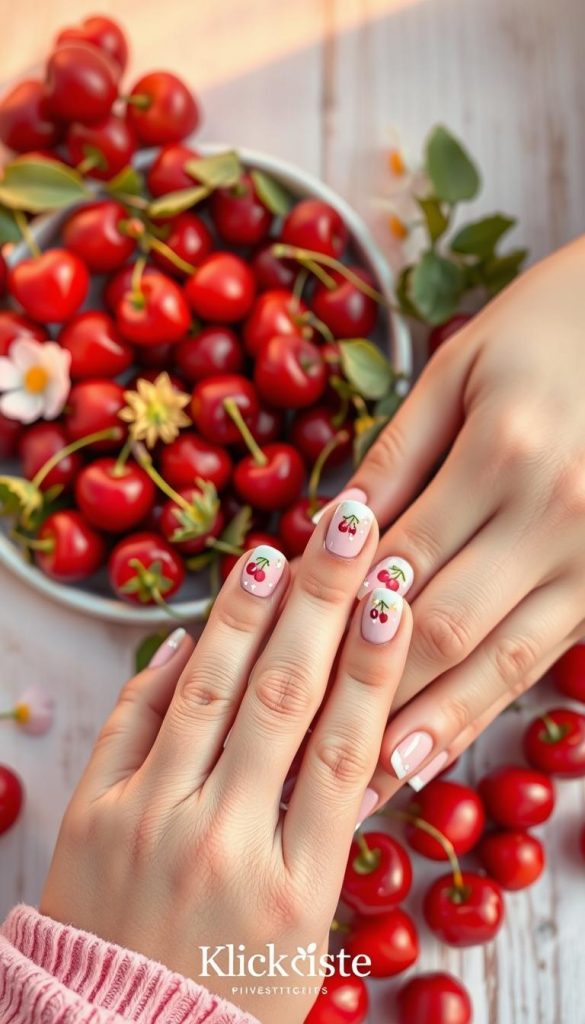 A vibrant and inviting composition featuring pastel nail art inspired by "kirsch-akzente," showcasing delicate cherries with cute details like hearts and stars. In the foreground, a pair of hands elegantly displaying beautifully manicured nails painted in soft pinks and whites, adorned with tiny hand-painted cherry designs and sparkling star embellishments. The middle ground includes an array of fresh cherries and strawberries arranged artfully, creating a colorful and playful atmosphere. The background reflects a gentle, warm light reminiscent of spring, enhancing the overall inviting feel. The scene embodies a Pinterest-inspired aesthetic, with a soft-focus effect, creating a dreamy vibe. The brand "KlickKiste" is subtly integrated into the setting to ensure an organic look.