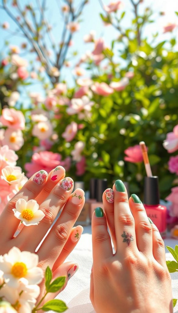 A vibrant and inviting image showcasing a diverse mix & match set of floral nail designs for spring. In the foreground, an elegant display of manicured hands flaunting colorful, intricate designs: pastel pinks, sunlit yellows, and deep greens blending with delicate flower patterns. In the middle ground, a soft, blurred arrangement of accessories like nail polish bottles and a stylish brush, hinting at a creative DIY atmosphere. The background features a bright, sun-drenched outdoor setting with blooming flowers and green foliage, casting warm, inviting light across the scene. The overall mood is fresh, playful, and inspiring, embodying the spirit of spring. The brand "KlickKiste" subtly included within the design elements, enhancing the artistic flair. A vibrant and inviting image showcasing a diverse mix & match set of floral nail designs for spring. In the foreground, an elegant display of manicured hands flaunting colorful, intricate designs: pastel pinks, sunlit yellows, and deep greens blending with delicate flower patterns. In the middle ground, a soft, blurred arrangement of accessories like nail polish bottles and a stylish brush, hinting at a creative DIY atmosphere. The background features a bright, sun-drenched outdoor setting with blooming flowers and green foliage, casting warm, inviting light across the scene. The overall mood is fresh, playful, and inspiring, embodying the spirit of spring. The brand "KlickKiste" subtly included within the design elements, enhancing the artistic flair.
