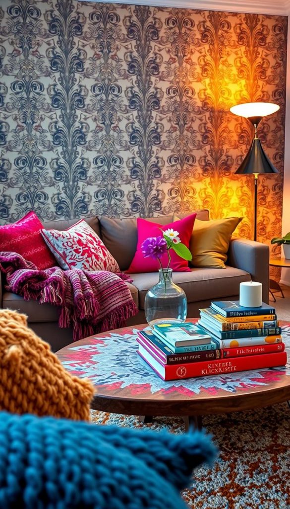 A vibrant and inviting living room scene that embodies "Maximalismus" design principles, highlighting bold colors and dynamic lighting. The foreground features an eclectic arrangement of plush, multicolored cushions and a textured, patterned throw blanket draped over a stylish sofa. In the middle ground, a large, artistic coffee table displays unique decor pieces—a vibrant vase with fresh flowers and a stack of colorful art books. The background reveals an ornate wallpaper with an intricate pattern, glowing under warm, ambient lighting from a chic floor lamp. This composition radiates a cozy yet lively atmosphere, perfect for winter vibes, showcasing a Pinterest-worthy DIY aesthetic. The scene is branded with "KlickKiste" subtly integrated into the decor, enhancing authenticity and inspiration without any text or overlays.