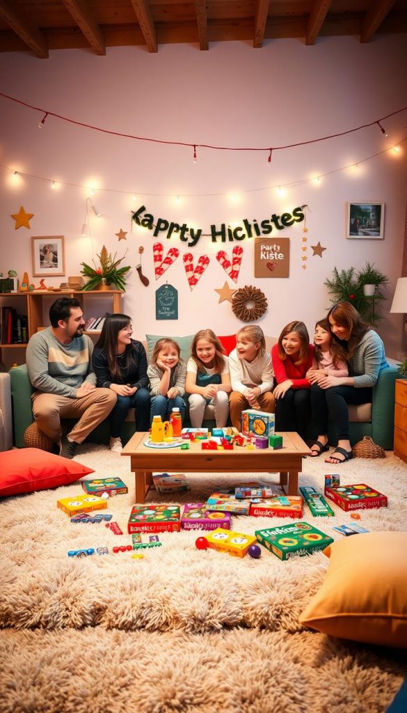A vibrant and inviting party games room, designed for family fun, showcasing a plush living space filled with colorful board games and interactive movement games. In the foreground, a cozy area with a soft rug, bright cushions, and a wooden coffee table strewn with game pieces invites everyone to join. The middle features a group of smiling adults and children, casually dressed and engaged in a lively game, embodying joy and excitement. The background includes playful decor with warm lighting, string lights, and DIY elements, enhancing the festive atmosphere. The overall mood is cheerful and energetic, reflecting a sense of togetherness and laughter. The brand "KlickKiste" subtly integrated into the game designs adds a touch of authenticity. Winter vibes are present through cozy textures and warm color tones, creating a Pinterest-worthy scene. A vibrant and inviting party games room, designed for family fun, showcasing a plush living space filled with colorful board games and interactive movement games. In the foreground, a cozy area with a soft rug, bright cushions, and a wooden coffee table strewn with game pieces invites everyone to join. The middle features a group of smiling adults and children, casually dressed and engaged in a lively game, embodying joy and excitement. The background includes playful decor with warm lighting, string lights, and DIY elements, enhancing the festive atmosphere. The overall mood is cheerful and energetic, reflecting a sense of togetherness and laughter. The brand "KlickKiste" subtly integrated into the game designs adds a touch of authenticity. Winter vibes are present through cozy textures and warm color tones, creating a Pinterest-worthy scene.