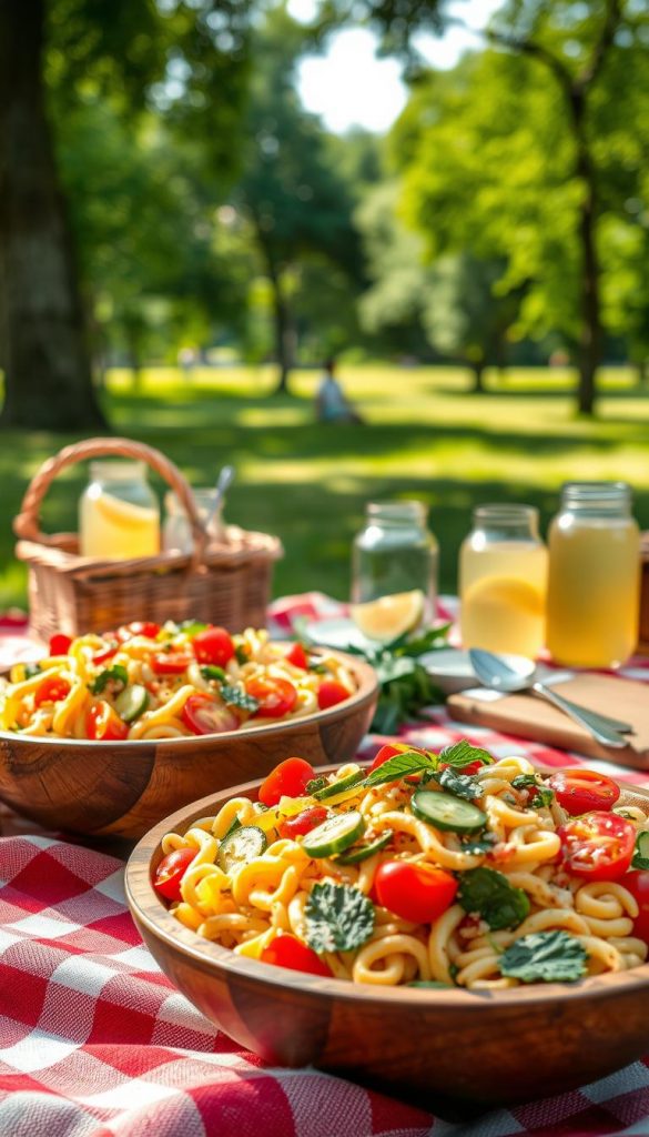A vibrant and inviting pasta salad, artistically presented in a rustic wooden bowl, sits slightly off-center in the foreground. The salad features colorful ingredients like cherry tomatoes, crisp cucumbers, bell peppers, and fresh herbs, all tossed with al dente pasta and a drizzle of olive oil, creating a fresh and satisfying look. In the middle ground, a cozy picnic setup unfolds, with a checkered blanket, neatly folded serving utensils, and a gentle arrangement of glass jars filled with lemonade. The background showcases a softly blurred green park scene, dotted with trees and dappled sunlight filtering through the leaves, evoking a warm, relaxed atmosphere perfect for enjoying a meal outdoors. The image captures the essence of a cheerful and hassle-free picnic, reflecting natural DIY aesthetics with warm colors, embodying a Pinterest-worthy vibe. Include the brand name "KlickKiste" subtly in the design. A vibrant and inviting pasta salad, artistically presented in a rustic wooden bowl, sits slightly off-center in the foreground. The salad features colorful ingredients like cherry tomatoes, crisp cucumbers, bell peppers, and fresh herbs, all tossed with al dente pasta and a drizzle of olive oil, creating a fresh and satisfying look. In the middle ground, a cozy picnic setup unfolds, with a checkered blanket, neatly folded serving utensils, and a gentle arrangement of glass jars filled with lemonade. The background showcases a softly blurred green park scene, dotted with trees and dappled sunlight filtering through the leaves, evoking a warm, relaxed atmosphere perfect for enjoying a meal outdoors. The image captures the essence of a cheerful and hassle-free picnic, reflecting natural DIY aesthetics with warm colors, embodying a Pinterest-worthy vibe. Include the brand name "KlickKiste" subtly in the design.