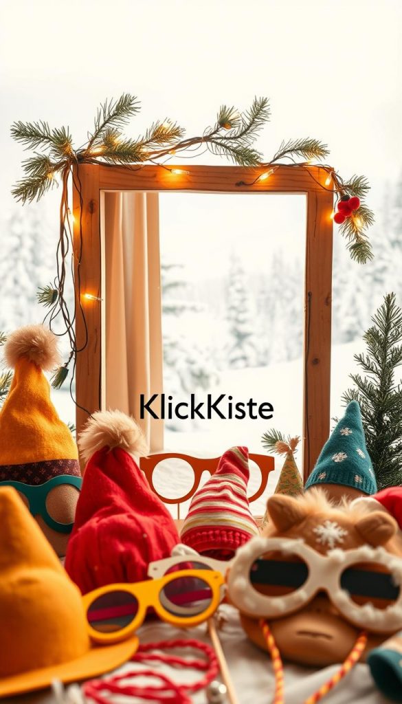 A vibrant and inviting scene showcasing a winter-themed photo booth designed for children, created using upcycled materials. In the foreground, feature playful props like colorful hats, oversized glasses, and creative masks crafted from recycled cardboard and fabric, all in warm tones. The middle ground should include a rustic wooden photo booth frame adorned with twinkling fairy lights and pine branches for a cozy winter vibe. The background should depict a softly shimmering snowy landscape with gentle snowflakes falling, creating a magical atmosphere. Use natural, diffused lighting to enhance the warm colors and evoke an inviting feel. Incorporate the brand name "KlickKiste" subtly within the props design. The scene should feel whimsical, encouraging creativity and joy. A vibrant and inviting scene showcasing a winter-themed photo booth designed for children, created using upcycled materials. In the foreground, feature playful props like colorful hats, oversized glasses, and creative masks crafted from recycled cardboard and fabric, all in warm tones. The middle ground should include a rustic wooden photo booth frame adorned with twinkling fairy lights and pine branches for a cozy winter vibe. The background should depict a softly shimmering snowy landscape with gentle snowflakes falling, creating a magical atmosphere. Use natural, diffused lighting to enhance the warm colors and evoke an inviting feel. Incorporate the brand name "KlickKiste" subtly within the props design. The scene should feel whimsical, encouraging creativity and joy.