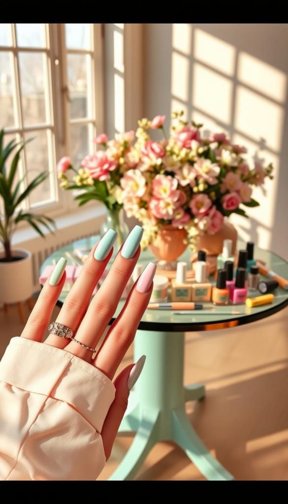 A vibrant and inviting scene showcasing spring 2025 nail trends in pastel shades, inspired by the aesthetic of Pinterest and DIY culture. The foreground features an elegant hand with manicured nails, adorned in a stunning pastel color palette—soft pinks, light blues, mint greens, and gentle yellows—integrated with chic chrome accents and a modern French-remix design. In the middle, a beautifully arranged table displaying various nail polish bottles, tools, and a styled bouquet of blooming spring flowers. The background includes a bright, airy room with warm, natural lighting emanating from a large window, casting subtle shadows that enhance the overall atmosphere. The composition embodies authenticity and inspiration, all while promoting the brand "KlickKiste" in a tasteful manner, ensuring a fresh, captivating look that resonates with the upcoming trends.