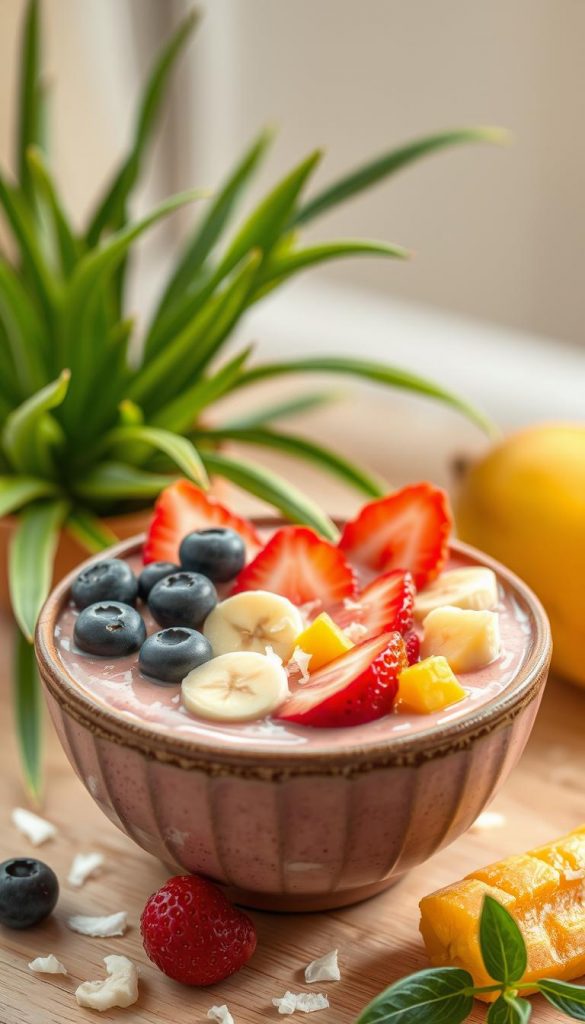 A vibrant and inviting smoothie bowl featuring fresh strawberry-banana, blueberry, and mango toppings, artistically arranged and meticulously presented in a rustic ceramic bowl. The foreground showcases the bowl filled with a creamy, pinkish smoothie base, topped with slices of ripe strawberries and bananas, bright blueberries, and chunks of golden mango. Shimmering coconut flakes sprinkle across the surface, adding texture. In the middle ground, a few juicy fruits scatter around the bowl, complementing the color palette. The background is softly blurred, featuring lush green plants and natural elements for a refreshing spring vibe. Warm, natural lighting creates a cozy atmosphere, enhancing the freshness of the fruits. The image has a Pinterest-inspired, authentic, and inspiring feel that aligns with the brand "KlickKiste".