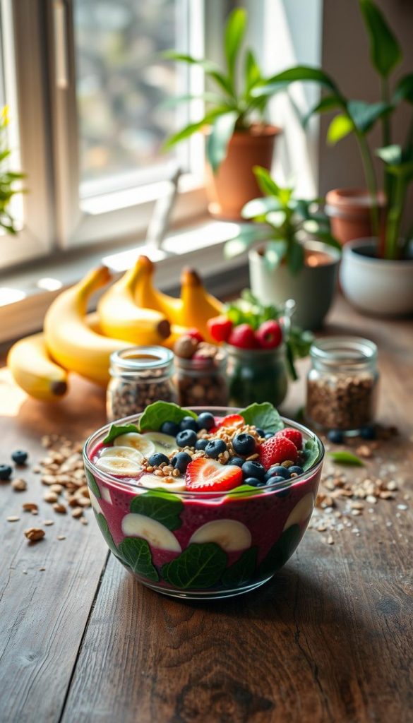 A vibrant and inviting smoothie bowl scene set on a rustic wooden table. In the foreground, a beautifully layered smoothie bowl filled with bright colors, showcasing a balance of creamy banana, rich acai, and verdant spinach, topped with an arrangement of fresh fruits like strawberries, blueberries, and kiwi, along with crunchy granola and coconut flakes. In the middle, a few fresh ingredients like bananas, berries, and greens are artfully placed alongside small jars of nuts and seeds, emphasizing diversity in texture and flavor. The background features soft, natural lighting filtering through a window, casting gentle shadows, with hints of potted plants to enhance the spring vibes. The atmosphere is warm and inspiring, evoking a sense of relaxation and health, perfectly embodying the essence of KlickKiste.