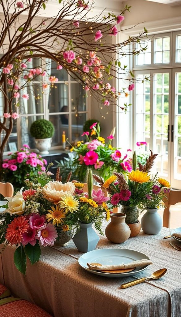 A vibrant and inviting spring decor scene inspired by the "maximalistic" trend. In the foreground, a beautifully set table adorned with an eclectic mix of floral arrangements featuring a burst of colors like pinks, yellows, and greens, alongside textured table linens and unique decorative elements such as handmade ceramic vases. The middle ground showcases a lush, overflowing garden with a variety of plants and flowers, interspersed with cheerful lighting, like fairy lights draping over branches. In the background, a sunlit patio with large windows reflecting natural light, creating a warm and welcoming atmosphere. The overall mood is lively and inspirational, capturing the essence of spring with DIY aesthetics, perfect for Pinterest inspiration. This is an authentic representation of "KlickKiste" style decor, emphasizing nature and vibrant textures.