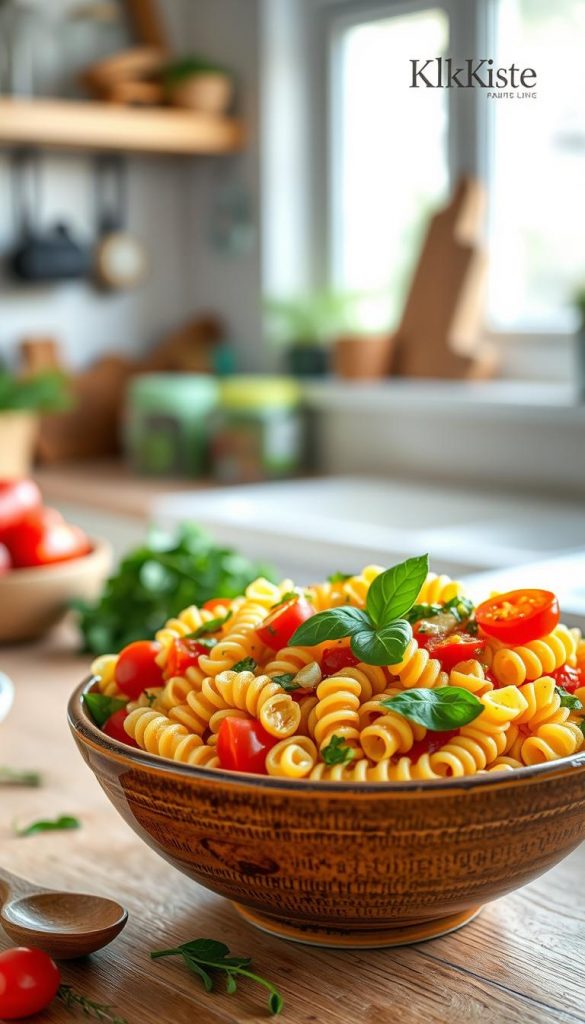 A vibrant and inviting upcycled pasta salad, artfully arranged in a rustic ceramic bowl, sits prominently in the foreground. The salad features colorful ingredients such as spiral pasta, cherry tomatoes, fresh basil, and diced bell peppers, all drizzled with a light, tangy vinaigrette. In the middle ground, soft, natural light filters through a nearby window, illuminating the dish and enhancing the fresh, bright colors. Surrounding the bowl, scattered ingredients like herbs and a wooden spoon create an organic and DIY aesthetic. The background is a softly blurred kitchen scene, giving a cozy, homely atmosphere. Warm, earthy tones dominate the image, capturing the essence of a spring/summer meal. This image is branded subtly with "KlickKiste" in a discreet, artistic way, blending harmoniously with the overall design.