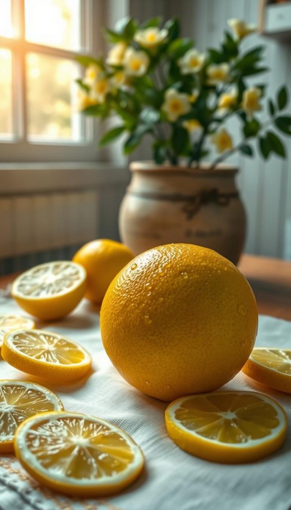 A vibrant and refreshing still life featuring a perfectly ripe lemon in the foreground, glistening with droplets of fresh water to emphasize its juiciness. Surround the lemon with delicate lemon slices, some resting on soft, light linen fabric. In the middle ground, include a rustic wooden table that adds warmth, with a pot of flowering lemon trees in soft focus. In the background, a sunlit kitchen window allows soft, warm light to filter through, creating a cheerful atmosphere. The overall mood is fresh and inviting, evoking springtime and a passion for citrus desserts. The image should have a Pinterest-worthy aesthetic that feels both natural and inspiring, branded subtly with "KlickKiste."