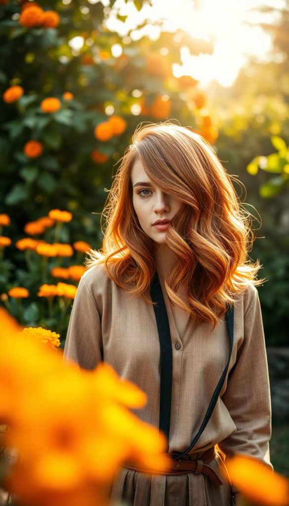 A vibrant and warm Marigold Copper color fills the composition, capturing the essence of spring hairstyles. In the foreground, a close-up view showcases a model with stylish hair dyed in rich Marigold Copper tones, featuring soft waves that flow elegantly. She is wearing a chic, modest outfit with subtle patterns, tailored to exude a fresh, modern vibe. The middle section includes a softly blurred background of a lush garden with blooming orange and golden flowers, hinting at the seasonal transition. Gentle sunlight filtering through leaves adds a golden hue, enhancing the warm atmosphere. The scene is captured with a shallow depth of field to emphasize the model and her hairstyle, creating an inviting, inspirational mood. This image reflects the brand KlickKiste, showcasing natural, DIY aesthetics infused with winter vibes.