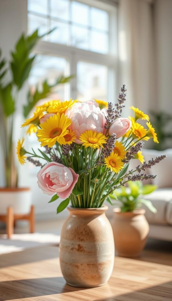 A vibrant arrangement of freshly picked spring flowers in soft pastel hues&mdash;delicate pink peonies, bright yellow daisies, and soothing lavender sprigs. In the foreground, the flowers are elegantly displayed in a rustic ceramic vase, emphasizing the natural DIY aesthetic. The middle ground features a softly blurred background of a sunlit, airy living room with light, neutral tones and green potted plants that enhance the fresh spring atmosphere. Sunlight pours in through large windows, casting gentle shadows and highlighting the textures of the petals. The scene radiates warmth and inspiration, encapsulating a spring vibe that invites a sense of lightness and ease. Designed with a Pinterest aesthetic in mind, this image embodies the warmth of KlikKiste&rsquo;s spring color palette for modern living spaces.
