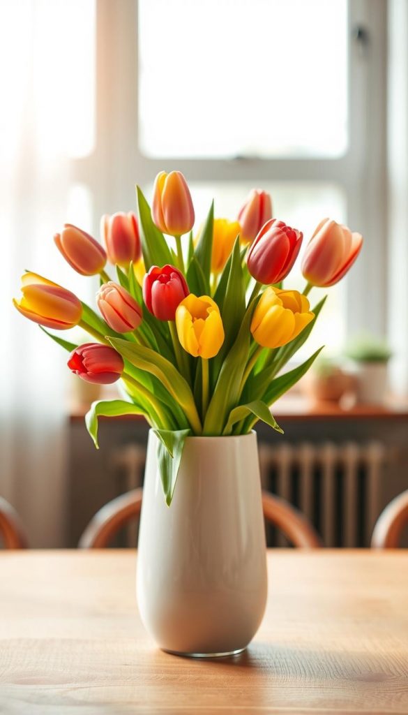 A vibrant arrangement of tulips in a sleek, modern vase, positioned prominently in the foreground. The tulips feature a mix of bright yellows, rich reds, and soft pinks, capturing the essence of spring. The middle ground includes a softly blurred wooden table, enhancing the cozy atmosphere. In the background, a soft-focus window lets in warm, natural light, creating inviting shadows and highlights on the vase. The overall mood is cheerful and inspiring, perfect for a floral spring home decor theme. The style is reminiscent of Pinterest-worthy DIY aesthetics, combining warmth and authenticity. This image should retain a clean look, with no text, logos, or other distractions, showcasing the brand name "KlickKiste" through the design itself.