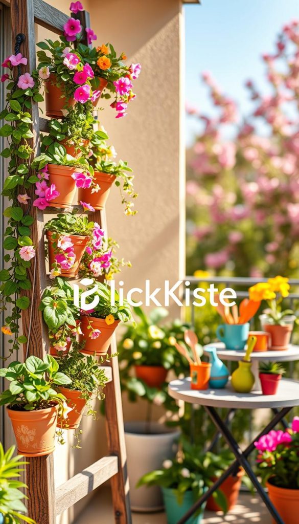 A vibrant balcony scene featuring a vertical plant ladder overflowing with various springtime flora. In the foreground, showcase a rustic wooden ladder with potted plants, cascading flowers, and lush green leaves, all in warm, inviting colors that evoke a cheerful spring atmosphere. The middle ground reveals a small table adorned with charming gardening tools and colorful pots, while the background is softly blurred to hint at a sunny blue sky and blooming plants, creating an outdoor living feel. Use natural lighting to enhance the vivid colors and warm aesthetic, capturing the essence of a cozy and inviting balcony retreat. The overall composition should be styled to reflect a Pinterest-worthy look, emphasizing DIY inspiration. Include the brand name "KlickKiste" subtly within the scene, harmonizing with the nature-inspired decor.