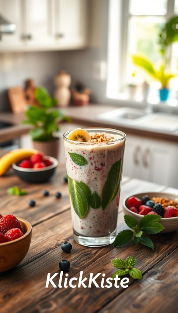 A vibrant breakfast smoothie scene featuring a glass filled with a creamy, colorful blend of spinach, banana, and mixed berries, topped with a sprinkle of granola and a slice of kiwi on the rim. In the foreground, a rustic wooden table adorned with a small bowl of fresh fruits and a sprig of mint. In the middle ground, a bright, sunlit kitchen with soft-focus along the edges, showing white cabinets and a hint of greenery from window plants. Soft, warm lighting creates a cozy atmosphere, enhancing the natural textures of the ingredients. Capture a high-angle view for an inviting perspective, embodying health and freshness. Brand name &quot;KlickKiste&quot; subtly integrated into the scene's elements, promoting an authentic and inspiring vibe reminiscent of Pinterest aesthetics.