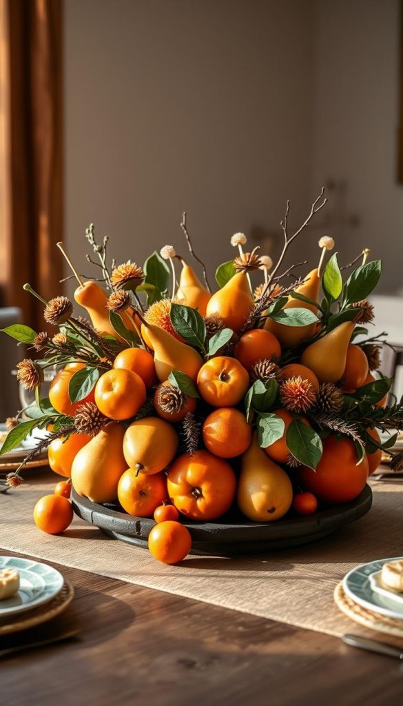 A vibrant centerpiece adorning the Frucht Fest table, featuring a captivating arrangement of pears, persimmons, and citrus pomanders. The scene is bathed in warm, natural lighting, creating a cozy, inviting atmosphere. Placed atop a rustic wooden surface, the carefully curated display exudes a homemade, DIY aesthetic with a touch of winter whimsy, embodying the KlickKiste Pinterest-inspired aesthetic. Subtle textures and a muted color palette lend an air of authenticity and inspire.