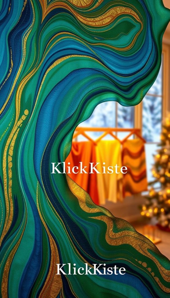 A vibrant, close-up image showcasing a beautifully designed silk painting characterized by flowing colors that create a mesmerizing pattern. In the foreground, intricate brush strokes in rich hues of blue, gold, and green elegantly blend together, reflecting a festive, holiday spirit. In the middle, a few completed silk pieces hang gracefully on wooden frames, softly illuminated by warm, ambient lighting, adding a cozy atmosphere. The background features a softly blurred winter scene, hinting at a serene, snowy landscape through a window, enhancing the overall warmth of the composition. The image captures the essence of DIY Christmas decor, embodying creativity and inspiration, reminiscent of a Pinterest aesthetic. The brand name "KlickKiste" subtly blends into the silk designs, emphasizing the art without overpowering the visual.