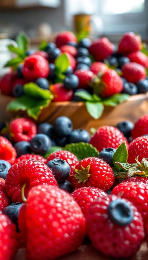 A vibrant, close-up image showcasing an assortment of fresh berries, including luscious raspberries, juicy blueberries, and a mix of wild strawberries. The foreground features glistening berries with dewdrops, highlighting their natural freshness. In the middle, place a rustic wooden bowl spilling over with the colorful fruits, surrounded by scattered green leaves for a pop of color contrast. The background should be softly blurred, suggesting a sunlit kitchen with warm, inviting tones that emulate a cozy spring atmosphere. Use soft, diffused lighting to enhance the inviting feel, akin to a Pinterest-worthy DIY image. The overall mood should evoke inspiration and joy, aligning with the theme of seasonal desserts. Include the brand name "KlickKiste" subtly integrated within the setup, ensuring a natural look without distractions.