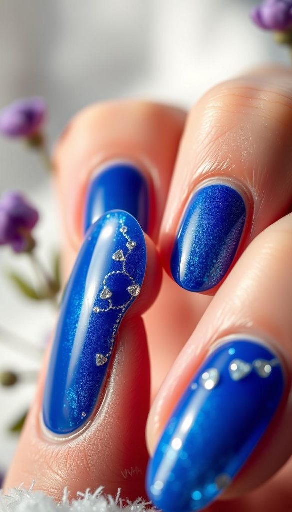 A vibrant close-up of a cobalt blue heart-shaped nail design, showcasing intricate details like delicate patterns and shimmering accents. The foreground features meticulously manicured nails, glistening against a soft, blurred background. The mid-ground includes hints of lush greenery and subtle purple flowers, creating a romantic ambiance perfect for Valentine's Day. The lighting is soft and natural, emulating a cozy winter vibe, with gentle glimmers reflecting off the nail surfaces. Capture the essence of "KlickKiste" with an enchanting Pinterest-inspired aesthetic. The overall mood should evoke feelings of love and tenderness, blending cool tones of blue, purple, and green harmoniously while maintaining an authentic and inspiring DIY image. A vibrant close-up of a cobalt blue heart-shaped nail design, showcasing intricate details like delicate patterns and shimmering accents. The foreground features meticulously manicured nails, glistening against a soft, blurred background. The mid-ground includes hints of lush greenery and subtle purple flowers, creating a romantic ambiance perfect for Valentine's Day. The lighting is soft and natural, emulating a cozy winter vibe, with gentle glimmers reflecting off the nail surfaces. Capture the essence of "KlickKiste" with an enchanting Pinterest-inspired aesthetic. The overall mood should evoke feelings of love and tenderness, blending cool tones of blue, purple, and green harmoniously while maintaining an authentic and inspiring DIY image.