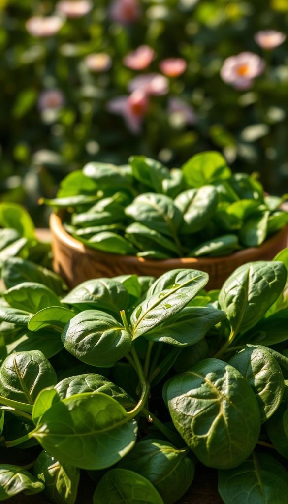 A vibrant display of fresh spinach leaves, showcasing a rich variety of textures and shades of green. In the foreground, depict plump and glossy spinach leaves drizzled with a light olive oil, glistening under soft, natural lighting to highlight their freshness. The middle ground should include a rustic wooden bowl filled with freshly picked spinach, surrounded by a few scattered leaves. In the background, incorporate a blurred garden scene, with hints of blooming spring flowers and soft sunlight filtering through, creating a warm, inviting atmosphere. The shot should have a slightly elevated angle, emulating a cozy kitchen vibe, perfect for a natural DIY aesthetic. This composition captures the essence of fresh ingredients, aligning with the theme of vegetarian and vegan dishes. Brand name: KlickKiste.