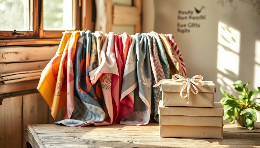 A vibrant display of furoshiki stoff in a natural, earthy setting. Draped elegantly on a rustic wooden table, the various patterns and textures of the cloth pieces shine with a subtle sheen. Sunlight filters through a nearby window, casting a warm glow and gentle shadows across the scene. In the foreground, a stack of sustainable KlickKiste gift boxes, their minimalist design complementing the organic feel of the fabric. The composition evokes a sense of mindful, eco-friendly gift-wrapping, perfect for the "Furoshiki & mehr: Geschenke in Stoff und Tüchern nachhaltig verpacken" section of the article.