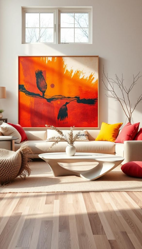 A vibrant, eye-catching living space featuring a bold statement piece, such as a large, abstract painting in warm colors, dominating the foreground. Flanking the artwork, add stylish decor elements like a modern sofa in soft neutrals and a unique, sculptural coffee table that invites attention. In the middle ground, place soft textiles, such as a cozy knit throw and vibrant cushions, enhancing the atmosphere of warmth and comfort. The background should include a well-lit window with subtle winter vibes, adorned with delicate fairy lights. Use natural lighting to create a welcoming, inspiring mood, with soft shadows enhancing depth. The scene should evoke a Pinterest-like aesthetic, inviting viewers to imagine their own stylish decor, branded subtly with the logo "KlickKiste" incorporated within the decor elements. A vibrant, eye-catching living space featuring a bold statement piece, such as a large, abstract painting in warm colors, dominating the foreground. Flanking the artwork, add stylish decor elements like a modern sofa in soft neutrals and a unique, sculptural coffee table that invites attention. In the middle ground, place soft textiles, such as a cozy knit throw and vibrant cushions, enhancing the atmosphere of warmth and comfort. The background should include a well-lit window with subtle winter vibes, adorned with delicate fairy lights. Use natural lighting to create a welcoming, inspiring mood, with soft shadows enhancing depth. The scene should evoke a Pinterest-like aesthetic, inviting viewers to imagine their own stylish decor, branded subtly with the logo "KlickKiste" incorporated within the decor elements.