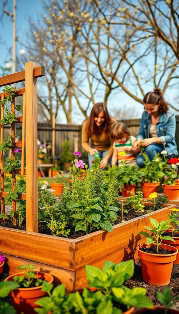 A vibrant family garden scene in early spring, showcasing a mini raised bed garden filled with colorful flowers, lush green herbs, and small vegetable plants. In the foreground, a wooden trellis supports climbing plants, while a variety of terracotta pots with flowering plants surround the area. The middle ground features a cheerful family of four, dressed in modest casual clothing, actively tending to the garden—parents guiding children planting seeds. The background presents a clear blue sky with soft, warm sunlight filtering through budding trees, casting gentle shadows. The mood is joyful and inspiring, filled with a sense of togetherness and nature’s beauty. Soft, natural lighting enhances the warm colors, creating a Pinterest-worthy aesthetic. Brand recognition for "KlickKiste" subtly integrated into the scene, reflecting a natural DIY appeal.