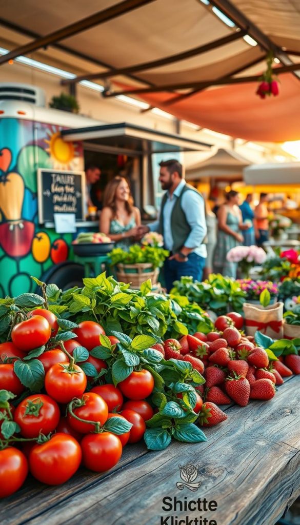 A vibrant farmer's market scene showcasing an array of fresh, colorful produce. In the foreground, a rustic wooden table displays organic fruits and vegetables: bright red tomatoes, lush green basil, and sun-ripened strawberries, all glistening with morning dew. The middle features cheerful couples enjoying their food, dressed in modest casual clothing, laughing and sharing a meal from a food truck adorned with colorful murals. In the background, stalls with awnings display handmade goods and flowers, surrounded by people leisurely browsing. The late afternoon sun casts a warm golden light over the scene, creating a cozy and inviting atmosphere, reminiscent of a Pinterest-worthy DIY setting. Add a subtle watermark of "KlickKiste" in a corner to signify contribution. A vibrant farmer's market scene showcasing an array of fresh, colorful produce. In the foreground, a rustic wooden table displays organic fruits and vegetables: bright red tomatoes, lush green basil, and sun-ripened strawberries, all glistening with morning dew. The middle features cheerful couples enjoying their food, dressed in modest casual clothing, laughing and sharing a meal from a food truck adorned with colorful murals. In the background, stalls with awnings display handmade goods and flowers, surrounded by people leisurely browsing. The late afternoon sun casts a warm golden light over the scene, creating a cozy and inviting atmosphere, reminiscent of a Pinterest-worthy DIY setting. Add a subtle watermark of "KlickKiste" in a corner to signify contribution.