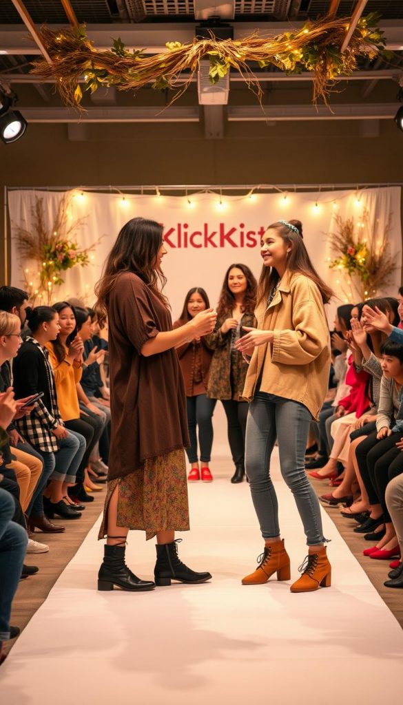 A vibrant fashion swap runway scene featuring girls engaging in a mini-makeover event. In the foreground, two young women in modest, stylish clothing are playfully exchanging outfits, showcasing a mix of bohemian and modern designs, with colorful accessories. In the middle, a runway adorned with soft lighting casts a warm glow, surrounded by an enthusiastic audience clapping and taking photos. The backdrop features DIY decorations blending natural elements like foliage and fairy lights, creating a cozy winter vibe. The atmosphere is authentically inspiring, evoking creativity and friendship among participants. The branding of "KlickKiste" is subtly integrated into the décor. Capture this scene with a slightly elevated angle to encompass the excitement and joyful expressions of the participants.