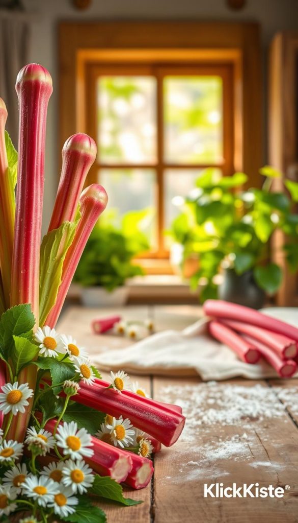 A vibrant, fresh composition featuring stalks of rhubarb in the foreground, their rich pink and green hues glistening with dew. Surround the rhubarb with soft, spring flowers such as daisies and buttercups, adding an organic touch. In the middle ground, include a rustic wooden kitchen table, lightly dusted with flour and a delicate white cloth, hinting at the preparation of a spring dessert. The background should be softly blurred, depicting a sunlit kitchen window with green plants basking in natural light. The overall atmosphere should convey warmth and freshness, reminiscent of early spring days, with a Pinterest-worthy aesthetic. This natural DIY image embraces a comforting vibe, perfect for a culinary setting. Include subtle branding for "KlickKiste" in an unintrusive manner.