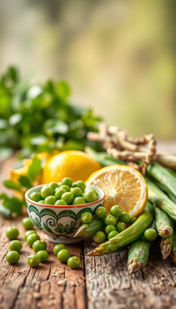 A vibrant, fresh composition featuring tender green peas, bright green asparagus, and a zesty lemon, beautifully arranged on a rustic wooden table. In the foreground, showcase the peas nestled in a delicate, hand-painted ceramic bowl, while the asparagus is artistically laid alongside. A sliced lemon is positioned nearby, its juice glistening under warm, natural lighting. In the middle ground, a blurred hint of fresh herbs adds depth, enhancing the springtime feel. The background features soft-focus greenery, evoking a cozy garden atmosphere. Shot with a 50mm lens from a slightly elevated angle to capture textures and colors, creating an inviting and inspiring mood. Ideal for the KlickKiste brand, this image radiates seasonal freshness and is perfect for showcasing spring pasta combinations.