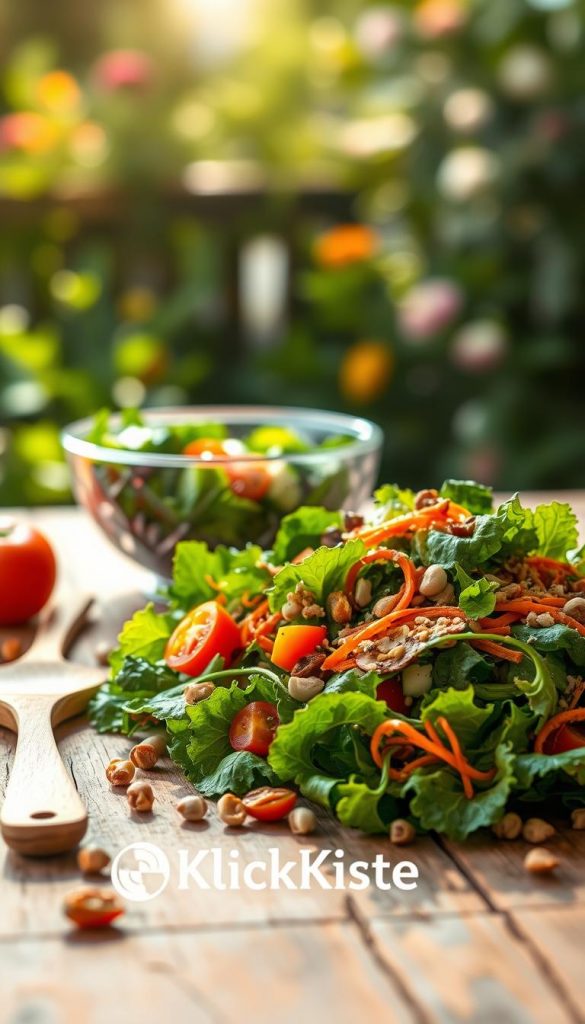 A vibrant, fresh salad displayed on a rustic wooden table under warm, natural lighting. The foreground features a colorful mix of leafy greens, cherry tomatoes, cucumbers, and shredded carrots, artfully arranged to showcase their textures and colors. Scattered throughout are crunchy elements like toasted nuts and seeds. In the middle ground, a delicate glass bowl adds a touch of elegance, while a wooden salad serving spoon rests beside it. The background softly blurs into a garden setting, hinting at green foliage and blooming flowers, creating a cheerful and summery atmosphere. The overall mood is inviting and wholesome, perfect for a light lunch. The visual style should invoke a warm, Pinterest-worthy aesthetic, capturing the essence of fresh, seasonal dining. Include the brand name "KlickKiste" subtly within the scene.