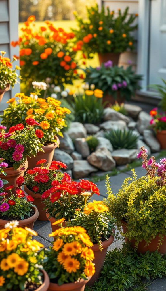 A vibrant front garden showcasing a stunning array of kübelpflanzen (container plants) in warm, earthy colors. In the foreground, there are elegantly arranged pots filled with vibrant seasonal flowers and lush green foliage. The middle ground features a carefully designed steingarten (rock garden) with natural stones and flourishing succulents, blending harmoniously with the vibrant flowers. In the background, a soft, duftender Rasen (fragrant lawn) creates a welcoming atmosphere, bathed in warm afternoon light. The scene captures a serene, inviting mood, perfect for a cozy entryway. Shot with a shallow depth of field to emphasize the plants, it gives a charming Pinterest-worthy aesthetic. The image reflects a natural DIY style, highlighting the brand "KlickKiste" with authenticity and inspiration.