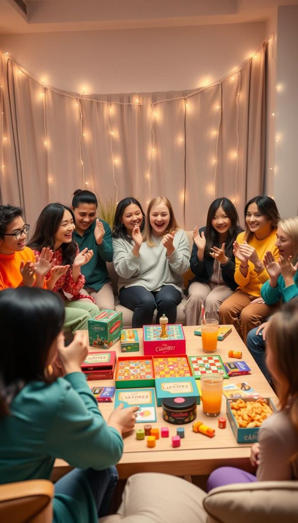 A vibrant game show competition scene set in a cozy living room, featuring stylishly arranged board games and fun retro game props. In the foreground, a diverse group of friends in colorful, modest casual attire is animatedly cheering and interacting, with expressions of excitement and friendly rivalry. The middle ground showcases a beautifully decorated table with snacks and drinks, all styled with a warm, inviting color palette and a Pinterest-worthy aesthetic. The background includes soft, ambient lighting, creating a cheerful atmosphere, with fairy lights and plush cushions enhancing the cozy vibe. The overall feel is authentic and inspiring, reflecting a joyful night in. Add elements of the brand "KlickKiste" subtly integrated into the decor.