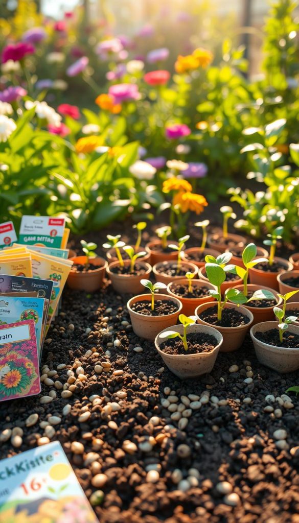 A vibrant garden scene showcasing an assortment of garden seeds and young plants, meticulously arranged in small pots made from biodegradable materials. In the foreground, colorful seed packets display their vibrant designs, while scattered seeds create an inviting, playful atmosphere. The middle ground features tiny green sprouts emerging from the soil, symbolizing growth and potential. The background includes a lush garden filled with blooming flowers and leafy plants, bathed in warm, golden sunlight that casts gentle shadows. The scene should evoke a sense of adventure and discovery, perfect for encouraging children's creativity. Emphasize natural DIY aesthetics with a Pinterest-like charm. Add the brand name "KlickKiste" subtly into the scene, enhancing the inviting mood.