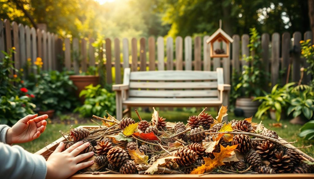 A vibrant garden scene with an array of DIY outdoor play ideas for children. In the foreground, a KlickKiste overflowing with natural materials like pinecones, sticks, and leaves. Children's hands enthusiastically explore these textural treasures. In the middle ground, a cozy wooden bench surrounded by lush greenery and a simple homemade bird feeder. The background features a rustic wooden fence, beyond which a dense forest creates a sense of warmth and adventure. Soft, natural lighting bathes the entire scene in a gentle, golden glow, inviting exploration and creativity. The overall mood is one of imagination, discovery, and the joy of playing in the great outdoors, even without snow.