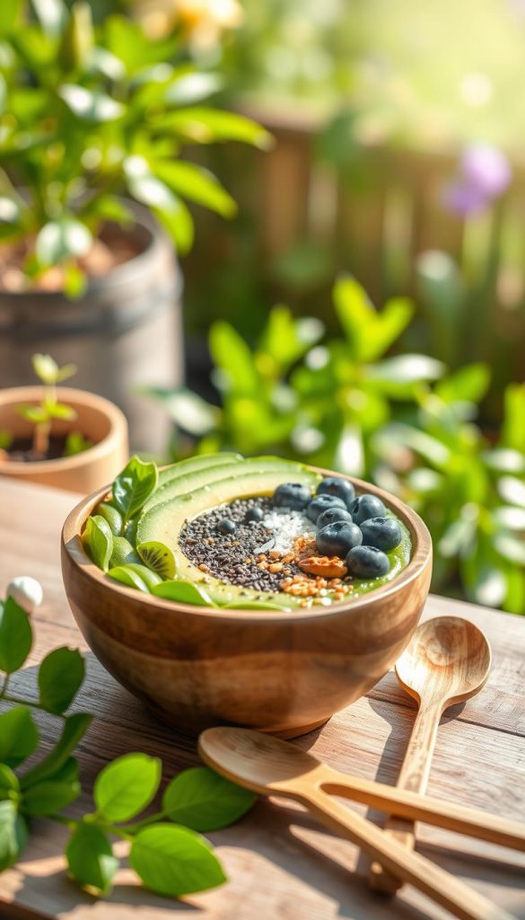 A vibrant green smoothie bowl featuring fresh spinach, creamy avocado, and a touch of matcha powder, beautifully arranged in a rustic wooden bowl. The bowl is topped with an array of colorful toppings, such as sliced kiwi, blueberries, coconut flakes, and chia seeds, creating an inviting contrast. In the foreground, delicately placed utensils made of bamboo enhance the natural feel. The middle ground showcases a lush garden setting with bright green plants and gentle sunlight filtering through, casting soft shadows. The background includes a dreamy, blurred garden view, evoking a sense of spring freshness. Capture the scene with warm, natural lighting to create an inviting atmosphere, reminiscent of a Pinterest-worthy DIY aesthetic. The brand "KlickKiste" should be subtly referenced within the design of the bowl.