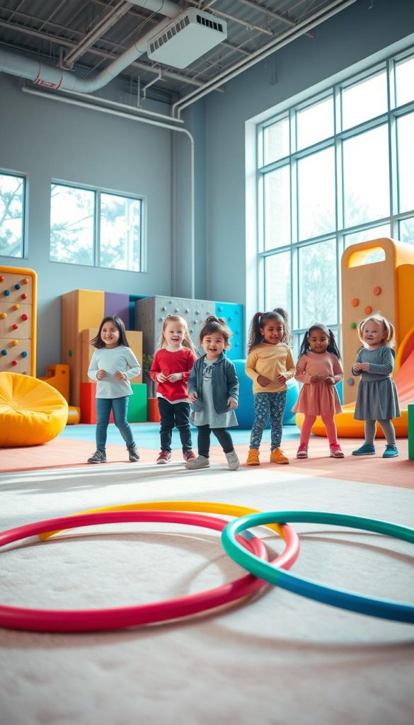 A vibrant indoor play area designed for kids, featuring a colorful hula-hoop setup as the focal point. In the foreground, the hula-hoops are artistically arranged on a soft, padded mat in a variety of bright colors. In the middle ground, children of diverse backgrounds, wearing cheerful, modest athletic wear, are actively engaging with the hula-hoops and laughing, showcasing energy and joy. The background reveals playful climbing structures and soft play zones with warm, inviting hues. Soft, diffused natural light streams in through large windows, creating a cozy atmosphere reminiscent of winter fun. The scene has an inspirational Pinterest aesthetic, embodying the warmth and creativity of a KlickKiste indoor playpark. The overall mood is playful and energetic, perfect for promoting indoor activity on a snowy day.