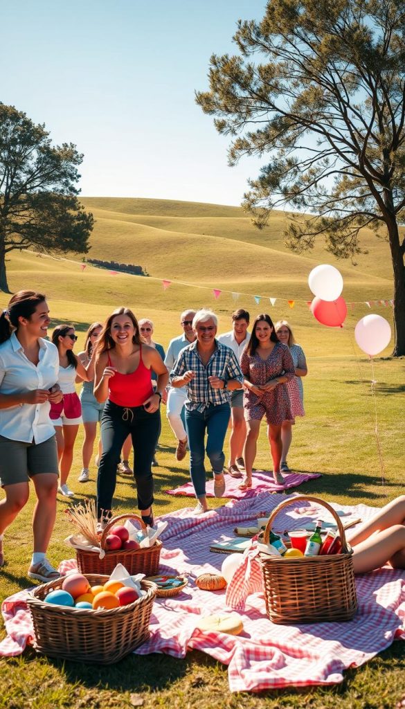 A vibrant outdoor field day game scene set in a sunlit park, featuring adults engaged in festive activities. In the foreground, a diverse group of individuals in casual but stylish attire are laughing and cheering while participating in a three-legged race, surrounded by colorful flags and balloons. The middle ground showcases picnic blankets adorned with DIY decorations and a basket overflowing with snacks and drinks, creating a warm, inviting atmosphere. The background reveals gentle rolling hills under a clear blue sky, with a few trees offering dappled shade. The image is bathed in soft, warm sunlight, evoking a joyful and relaxed mood, reminiscent of a Pinterest-worthy gathering. The scene embodies the essence of outdoor vibes, perfect for celebrating togetherness, inspired by KlickKiste.