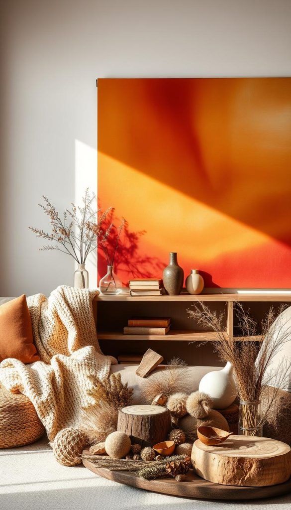 A vibrant palette of warm, earthy tones cascades across a modern, minimalist canvas. Cozy textures like knitted throws and rustic wood accents evoke a sense of winter charm, while sleek metallic details lend an air of sophistication. Soft, diffused lighting casts a gentle glow, creating an inviting, atmospheric scene. In the foreground, a curated KlickKiste display showcases an array of natural, handcrafted objects, hinting at the endless possibilities for seasonal décor and styling. This harmonious blend of classic and contemporary elements captures the essence of the 2025/26 color and material trends, perfect for inspiring your winter-themed coffee corner.