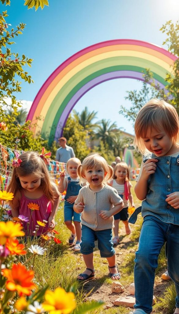 A vibrant scavenger hunt scene filled with warm, inviting colors, focusing on a large, whimsical rainbow arching across the sky. In the foreground, children in modest casual clothing excitedly search for colorful objects such as flowers, stones, and toys. The children’s joy and enthusiasm should radiate through their expressions. In the middle ground, they follow a uniquely marked trail decorated with hand-painted signs and colorful ribbons directing them towards hidden treasures. The background features a bright blue sky and lush greenery, enhancing the cheerful atmosphere. Soft sunlight filters through the leaves, casting gentle shadows on the ground. This delightful scene embodies a spirit of adventure and creativity, reflecting the essence of natural DIY aesthetics associated with KlickKiste.