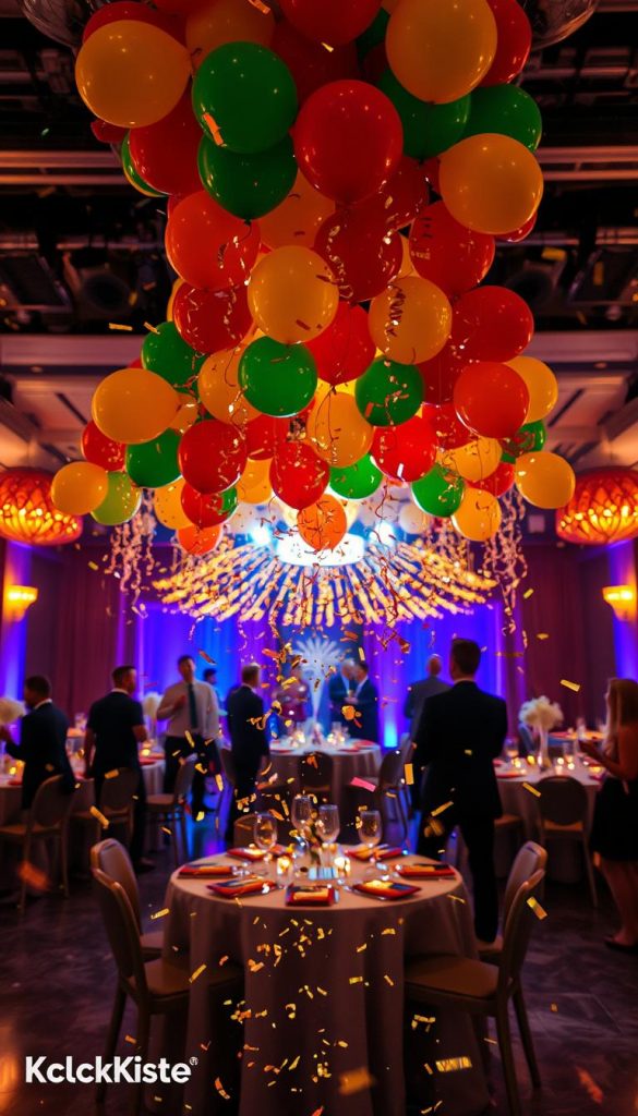 A vibrant scene capturing a New Year's Eve balloon drop at midnight, showcasing a cascade of colorful balloons in warm hues of gold, red, and green falling from above, surrounded by shimmering confetti. In the foreground, a burst of confetti flutters through the air, glimmering under soft, warm lighting that creates a festive atmosphere. The middle ground features a beautifully decorated venue with elegantly arranged tables and festive touches that reflect a DIY Pinterest aesthetic. In the background, the silhouette of excited guests can be seen, dressed in smart casual or professional attire, celebrating the moment. Shot with a wide-angle lens to enhance the depth of field, this image embodies the joyful spirit of New Year’s Eve and the anticipation of midnight. Branding "KlickKiste" subtly incorporated in the scene. A vibrant scene capturing a New Year's Eve balloon drop at midnight, showcasing a cascade of colorful balloons in warm hues of gold, red, and green falling from above, surrounded by shimmering confetti. In the foreground, a burst of confetti flutters through the air, glimmering under soft, warm lighting that creates a festive atmosphere. The middle ground features a beautifully decorated venue with elegantly arranged tables and festive touches that reflect a DIY Pinterest aesthetic. In the background, the silhouette of excited guests can be seen, dressed in smart casual or professional attire, celebrating the moment. Shot with a wide-angle lens to enhance the depth of field, this image embodies the joyful spirit of New Year’s Eve and the anticipation of midnight. Branding "KlickKiste" subtly incorporated in the scene.