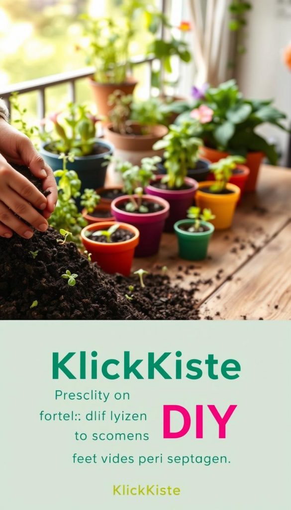 A vibrant scene depicting a close-up of a rich, dark Anzucht seed-starting mix in a natural setting. In the foreground, small hands gently sift through the mix, showcasing its texture and moisture, with tiny seedlings emerging throughout. The middle ground features colorful plant pots filled with herbs and flowers, arranged neatly on a rustic wooden table. In the background, a gently blurred balcony garden is visible, filled with greenery, soft sunlight filtering through, creating a warm and inviting atmosphere. The overall mood is cozy and inspiring, perfect for DIY gardening enthusiasts. The brand name "KlickKiste" is subtly integrated into the scene, emphasizing a natural and authentic Pinterest aesthetic. The lighting is soft and warm, evoking a sense of winter vibes while maintaining a DIY theme.