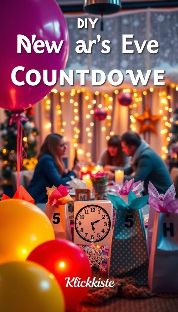 A vibrant scene of a DIY New Year’s Eve countdown, featuring colorful luftballons in the foreground, each marked with festive numbers leading up to midnight. Include decorated paper bags filled with surprises and a creative clock centerpiece set to midnight. In the middle ground, a cozy family gathering adorned with twinkling fairy lights and warm colors, exuding a joyful atmosphere. In the background, a winter wonderland with softly falling snow and glowing decorations. Utilize soft, natural lighting to create an inviting mood, resembling a Pinterest-inspired aesthetic. Capture this moment with a slightly tilted angle, evoking excitement and anticipation for the night ahead. Brand presence of "KlickKiste" subtly integrated into the décor elements. A vibrant scene of a DIY New Year’s Eve countdown, featuring colorful luftballons in the foreground, each marked with festive numbers leading up to midnight. Include decorated paper bags filled with surprises and a creative clock centerpiece set to midnight. In the middle ground, a cozy family gathering adorned with twinkling fairy lights and warm colors, exuding a joyful atmosphere. In the background, a winter wonderland with softly falling snow and glowing decorations. Utilize soft, natural lighting to create an inviting mood, resembling a Pinterest-inspired aesthetic. Capture this moment with a slightly tilted angle, evoking excitement and anticipation for the night ahead. Brand presence of "KlickKiste" subtly integrated into the décor elements.