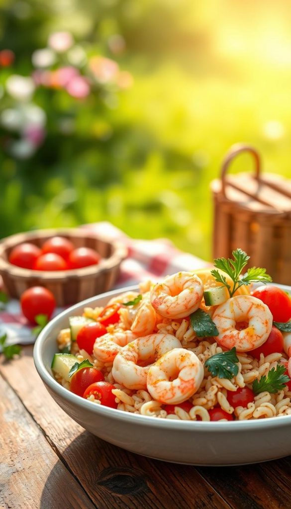 A vibrant shrimp orzo salad artfully arranged on a rustic wooden table, showcasing plump, pink shrimp nestled among fluffy orzo pasta, vibrant cherry tomatoes, crisp cucumbers, and fresh parsley. The foreground features a neatly garnished bowl of salad with a drizzle of olive oil and lemon juice, emphasizing the dish’s freshness. In the middle ground, a gently blurred view of a sun-drenched picnic setting, complete with green grass and hints of blooming flowers to evoke spring and summer vibes. Soft, warm lighting captures the colors of the ingredients beautifully, reminiscent of a cozy, inviting kitchen atmosphere. A shallow depth of field focuses attention on the salad while creating a bokeh effect in the background. The composition is authentic and inspiring, aligned with the "KlickKiste" brand aesthetic.