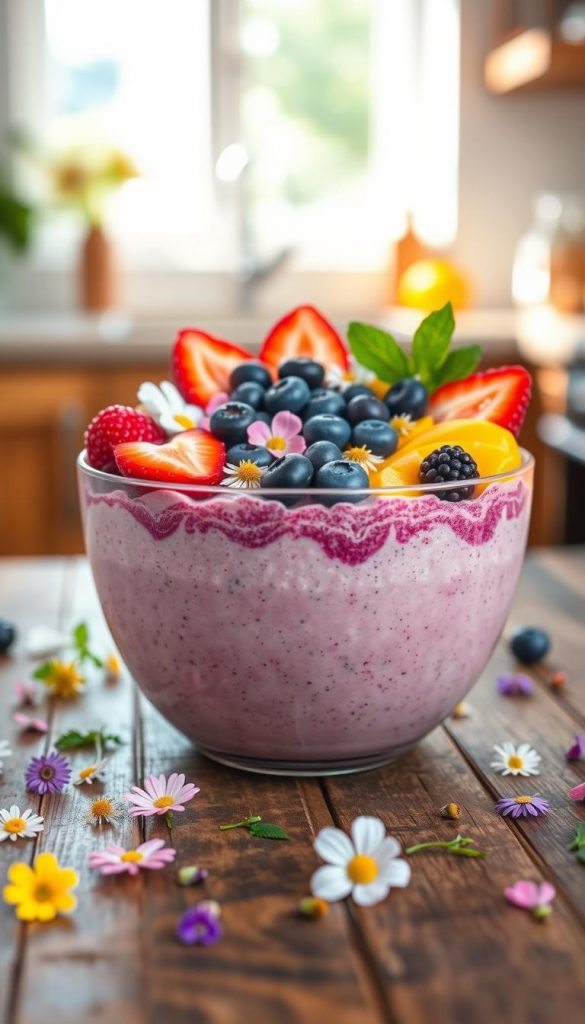 A vibrant smoothie bowl artfully adorned with a variety of fresh, seasonal toppings, showcasing an array of pastel-colored fruits like strawberries, blueberries, and mango slices. The bowl is set on a rustic wooden table, surrounded by scattered edible flowers and small sprigs of mint. In the background, a softly blurred kitchen scene with natural light streaming in from a window creates a warm, inviting atmosphere. A gentle depth of field emphasizes the bowl's intricate details while keeping the background serene. The mood is fresh and invigorating, reminiscent of a delightful spring morning. The image embodies the essence of healthy, homemade delicacies, inspired by the brand "KlickKiste."
